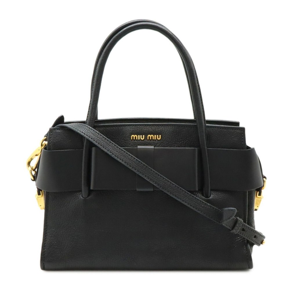 Miu Miu Miu Madras Handbag Shoulder Bag Ribbon Leather Black 5BA055